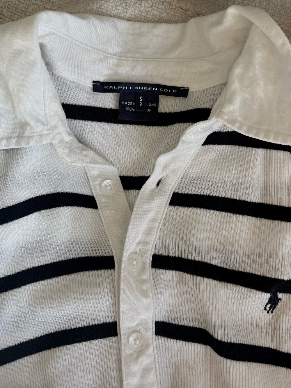 Polo Ralph Lauren Sport Cream Navy Stripe Long Sleeve Polo Top Small - Picture 8 of 9